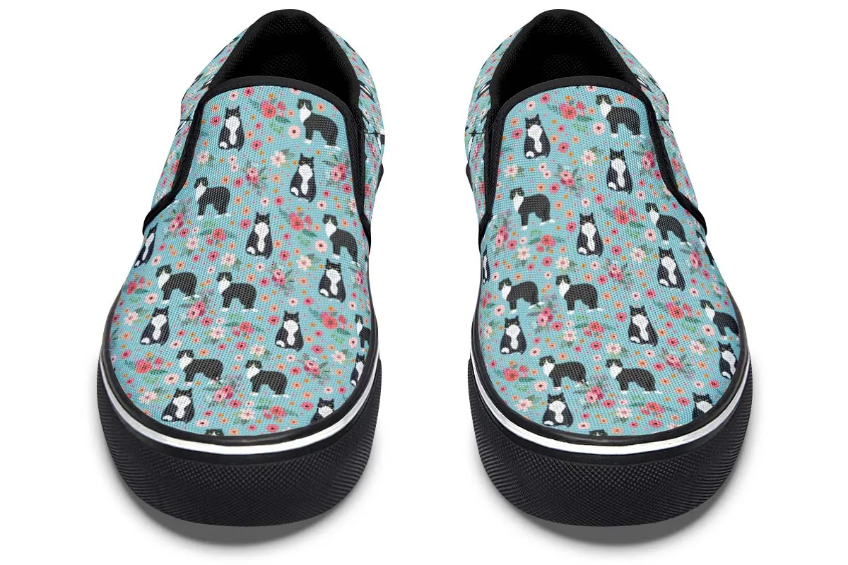 Black White Cat Flower Slip-On Shoes