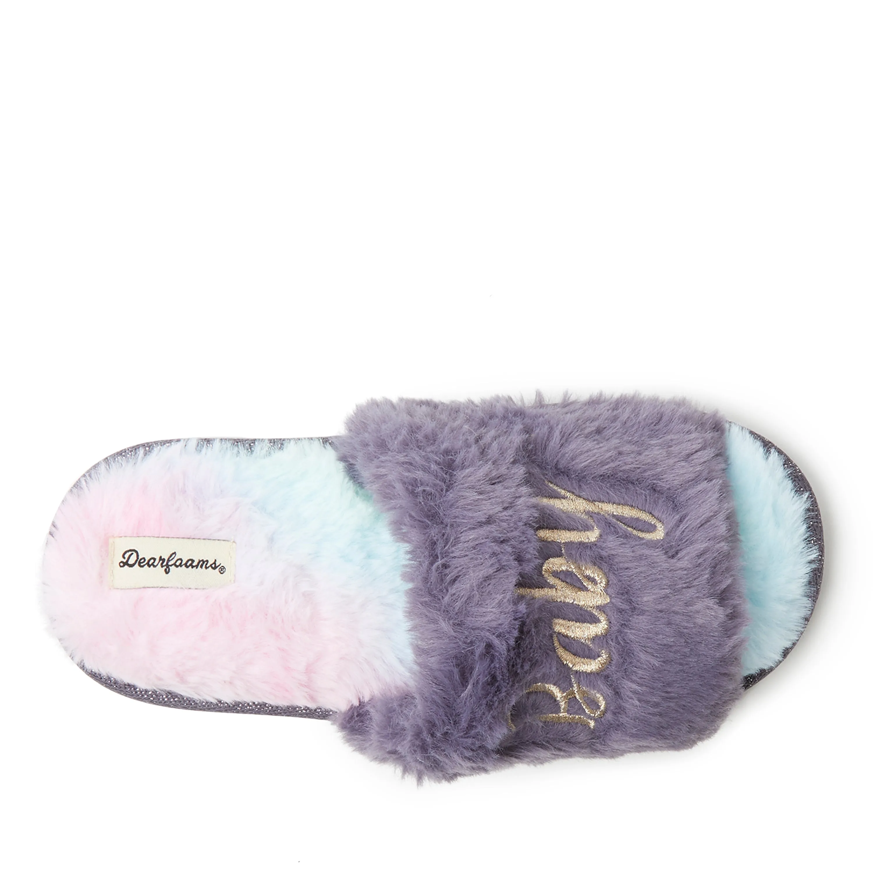 Dearfoams Kid's Lana Slide Slipper with Slogan