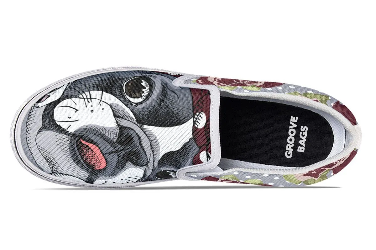 Floral Boston Terrier Dark Red Slip-On Shoes
