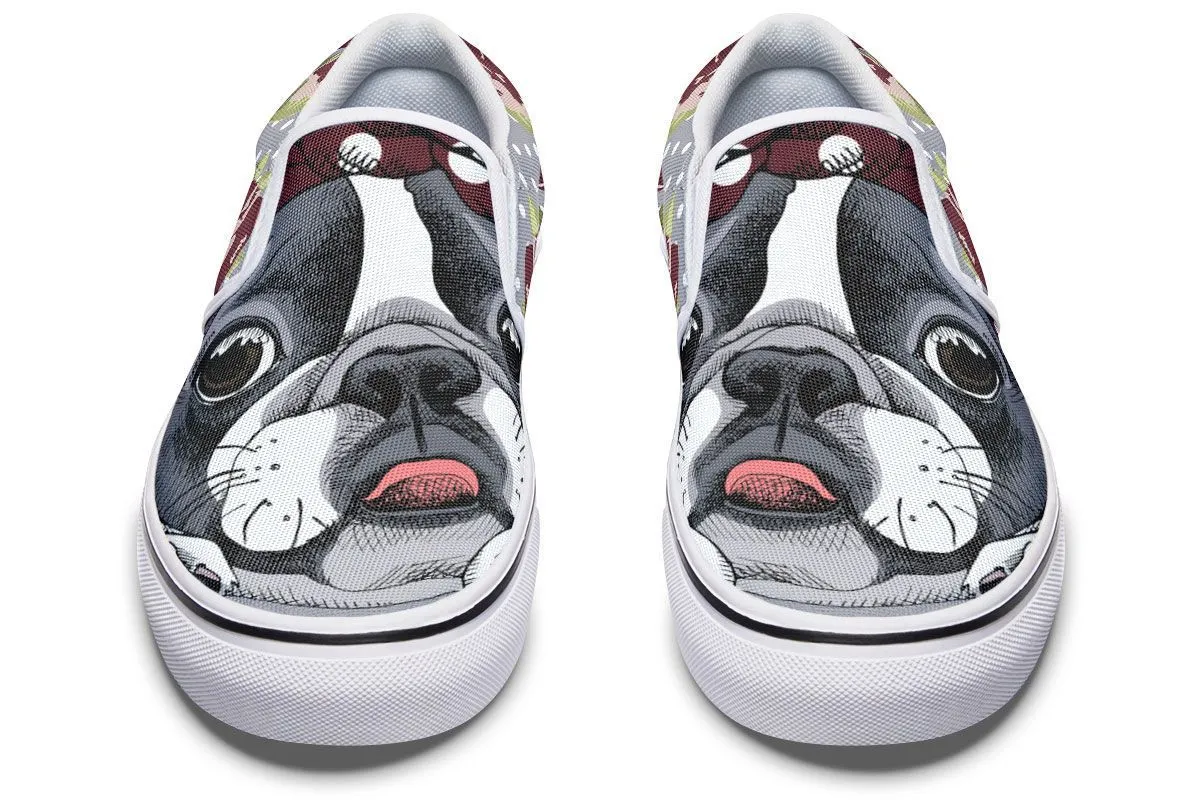 Floral Boston Terrier Dark Red Slip-On Shoes