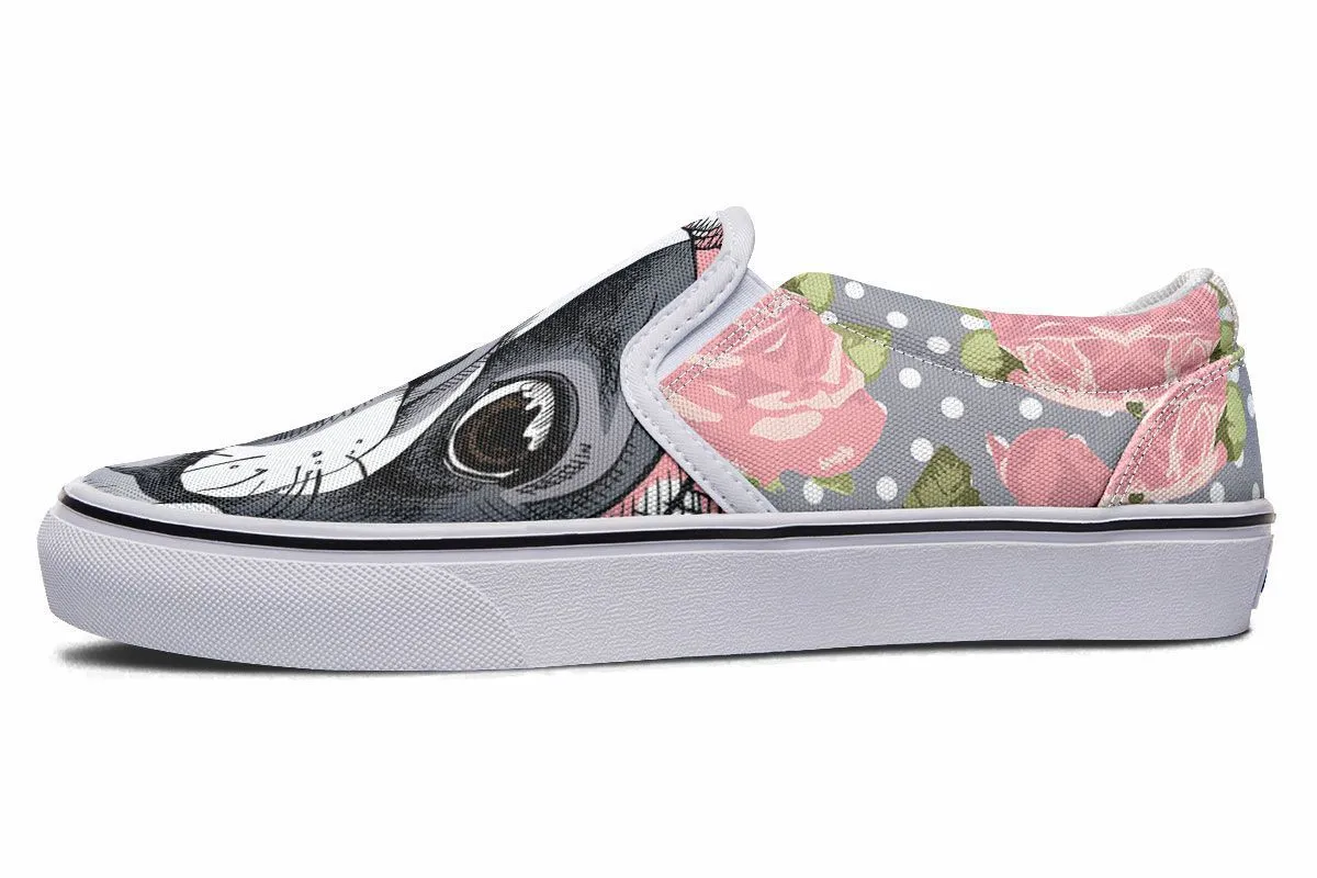 Floral Boston Terrier Pink Slip-On Shoes