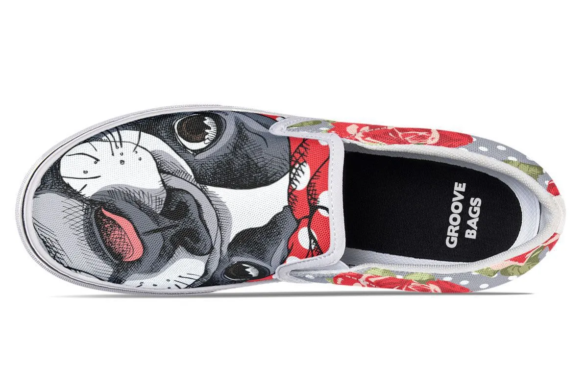 Floral Boston Terrier Red Slip-On Shoes