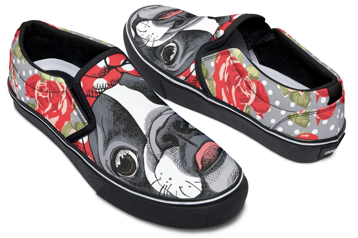 Floral Boston Terrier Slip-On Shoes