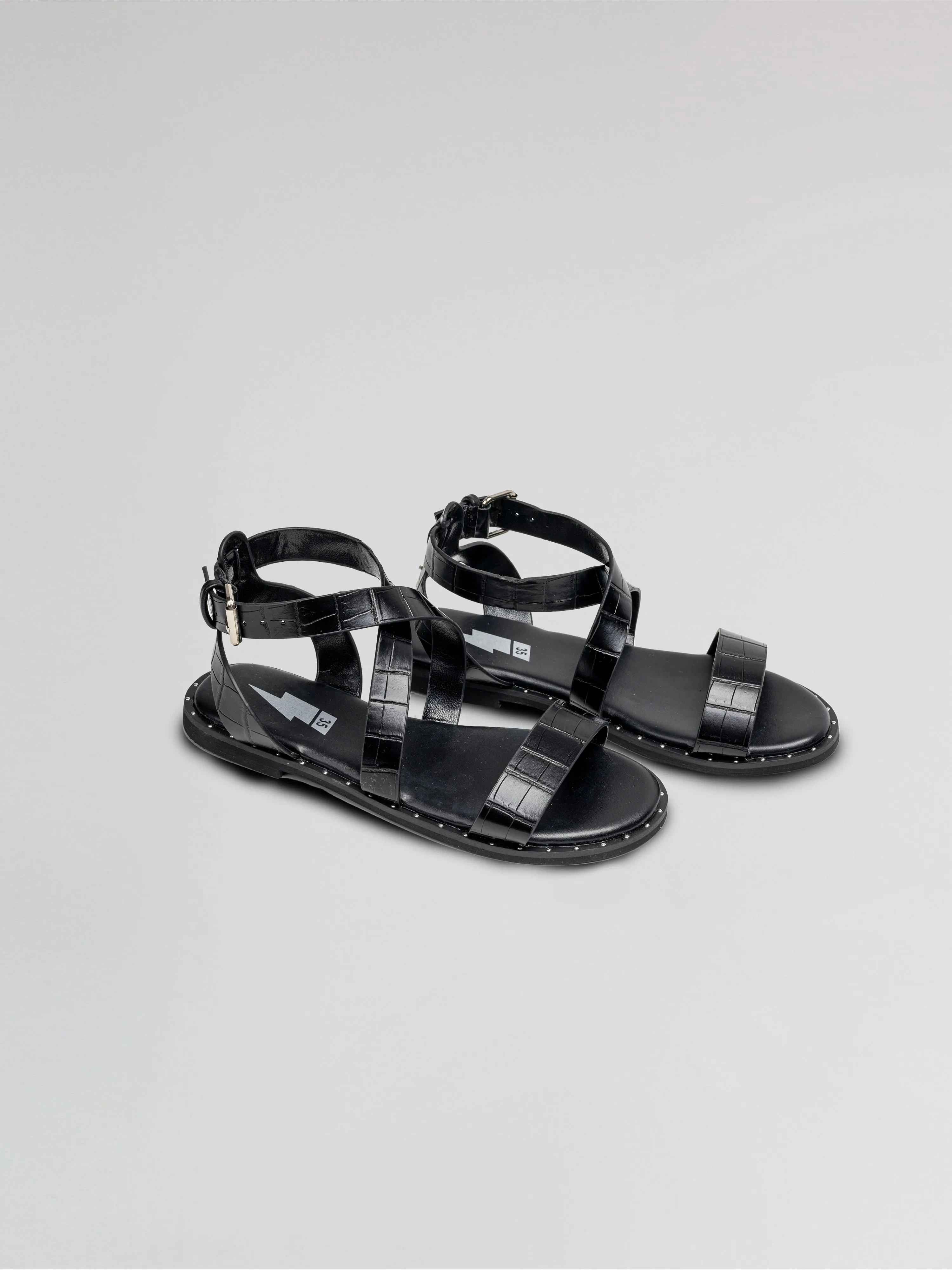 Girls Black Leather Strappy Sandals