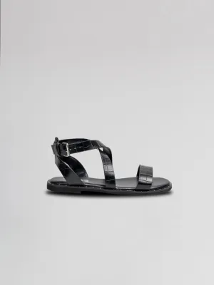 Girls Black Leather Strappy Sandals