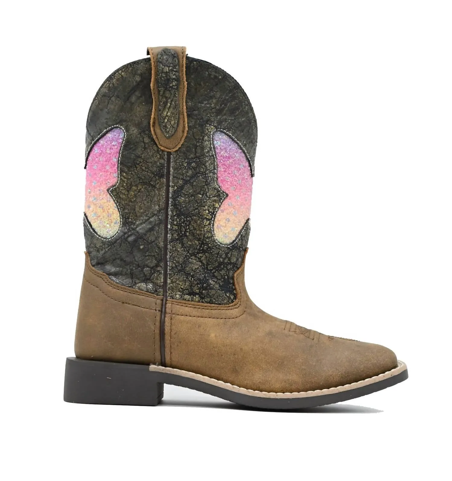 Kids' Chloe Square Toe Western Boots In Brown Distress/charcoal