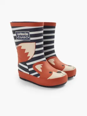 Kid's Stripe Fox Wellies Boot In Navy & Ecru