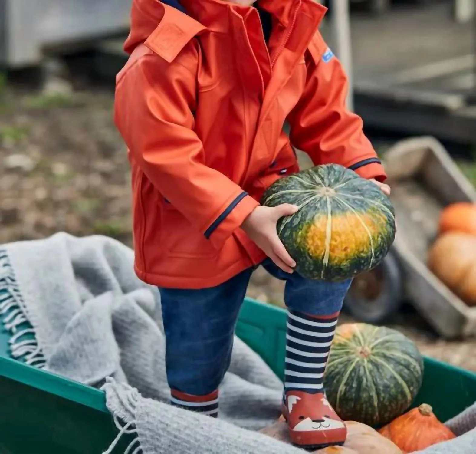 Kid's Stripe Fox Wellies Boot In Navy & Ecru