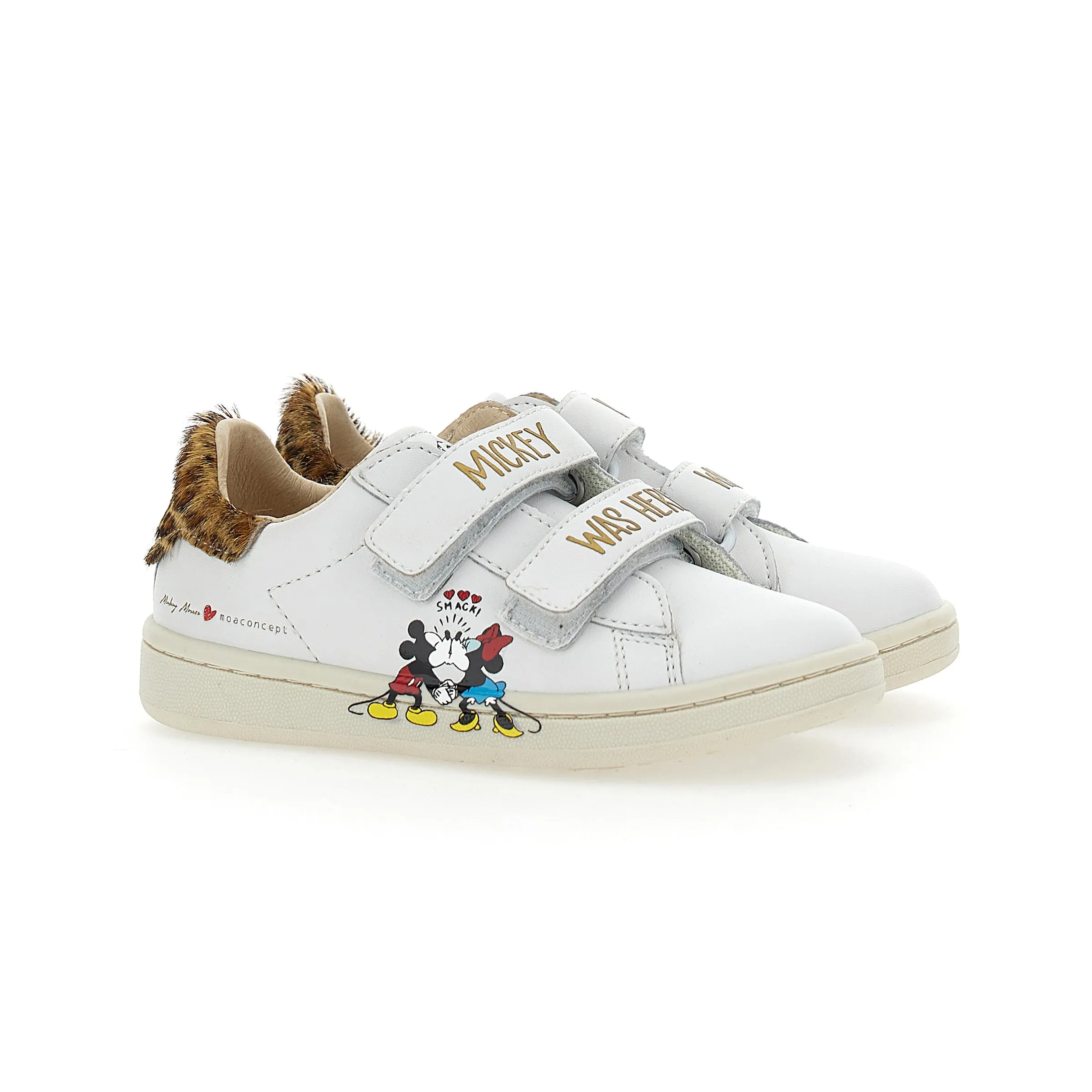 White Mickey   Minnie Leopard Tab Velcro Sneakers