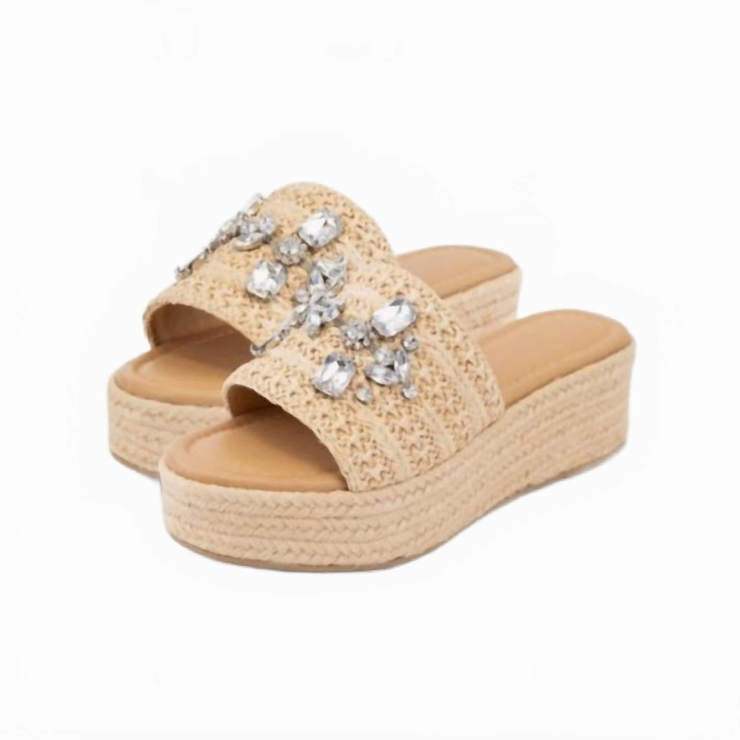 Women's Rhinestone Raffia Platform Sandals In Beige