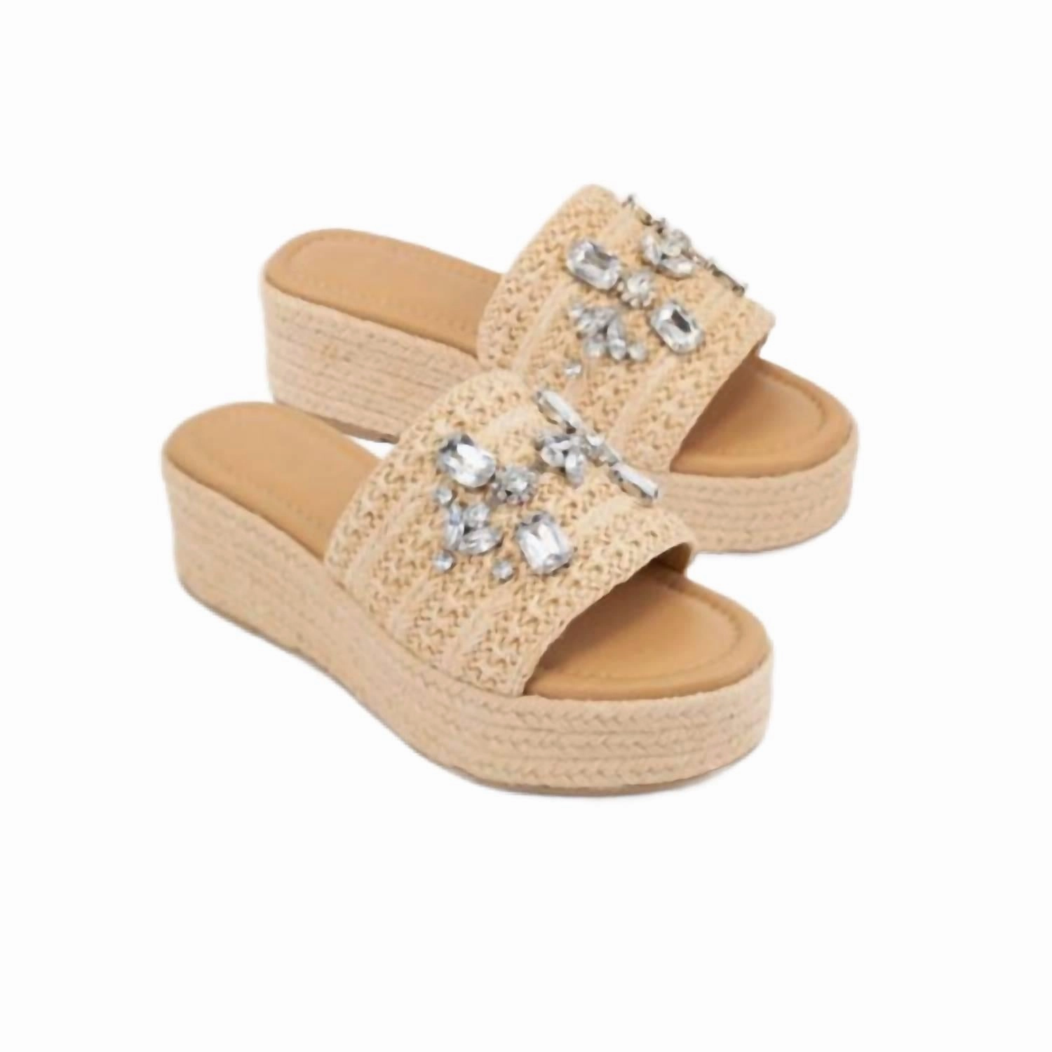 Women's Rhinestone Raffia Platform Sandals In Beige